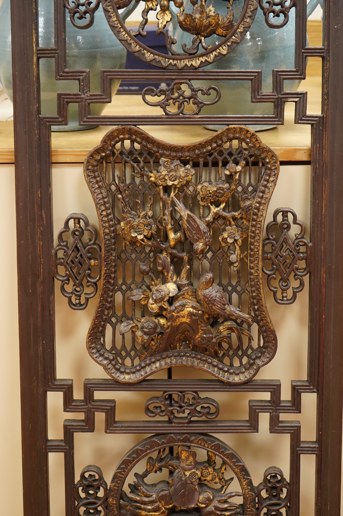 A 19th century Chinese gilt lacquered wood panel, 128cm high